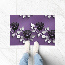 Felpudo Rosas Negras Elegantes Con Hojas De Plata