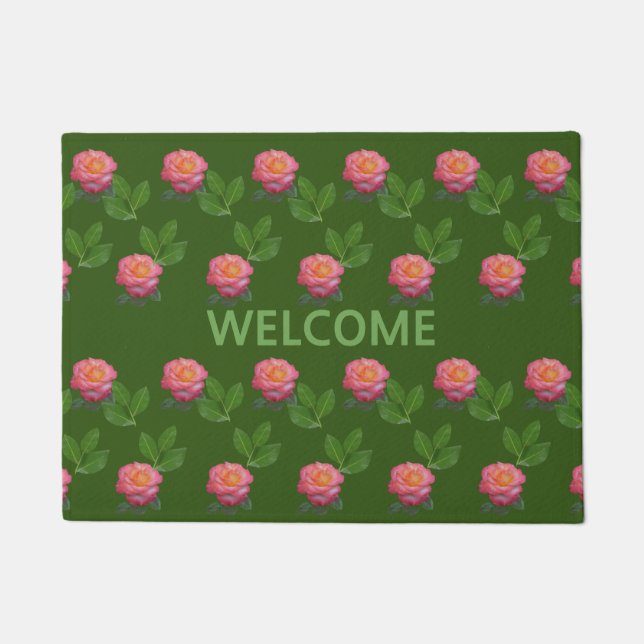 Felpudo Rosas rosadas hermosas sobre verde bosque (Anverso)