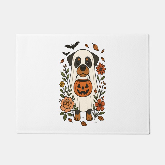 Felpudo Rottweiler de Halloween con flores (Anverso)