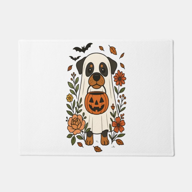 Felpudo Rottweiler de Halloween con Flores (Anverso)
