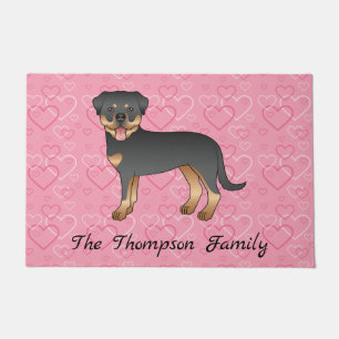 Felpudo Rottweiler Negro y Canela sobre Corazones Rosas y