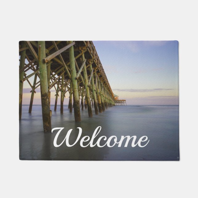 Felpudo Rótulo de bienvenida Folly Beach Pier Beauty (Anverso)