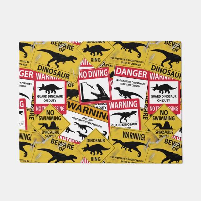Felpudo Rótulos de la precaución del dinosaurio (Anverso)