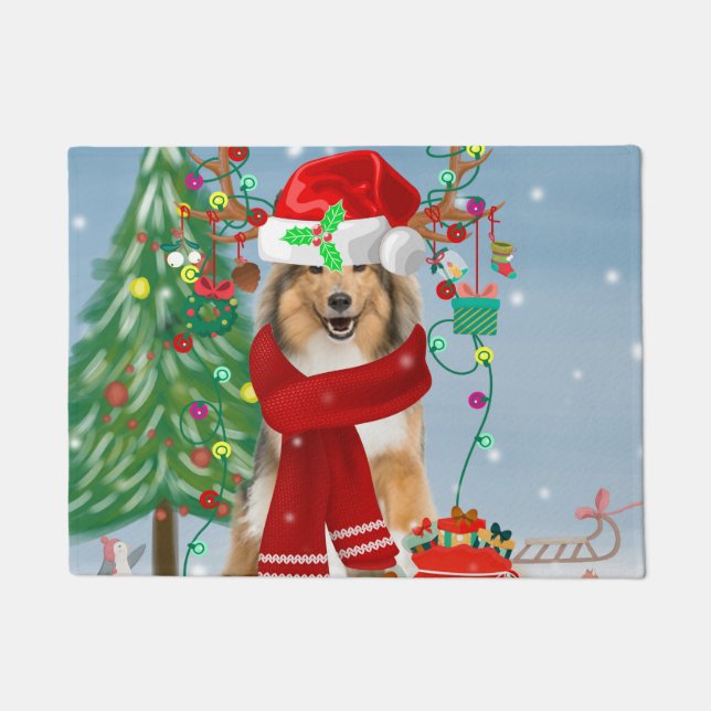 Felpudo Rough Collie Dog in Snow Navidades (Anverso)