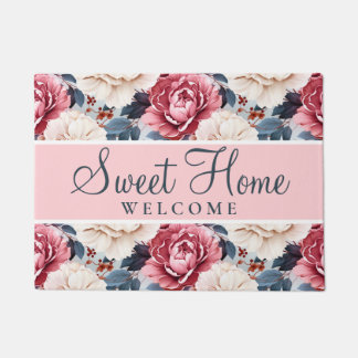 Felpudo Rubor de patrón floral elegante rosa azul