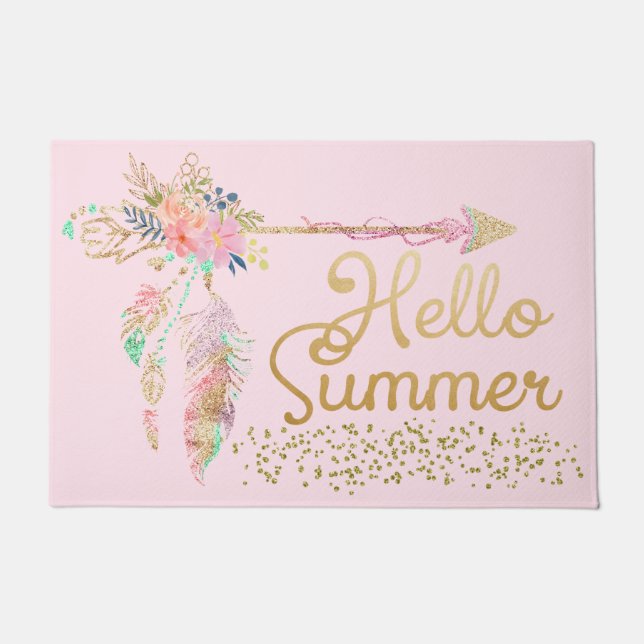 Felpudo Rubor Rosa Dorado Brillo Boho Pluma Hola Verano (Anverso)