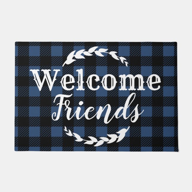 Felpudo Rusa Búfalo Check Plaid Bienvenidos Amigos Azul (Anverso)