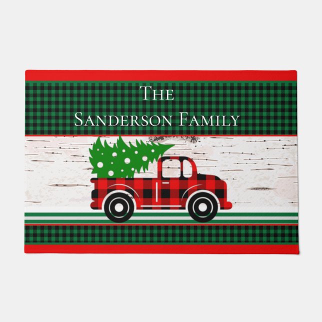 Felpudo Rustic Christmas Red Truck Green Buffalo Plaid (Anverso)