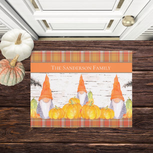 Felpudo Rustic Fall Gnome orange plaid pumpkin