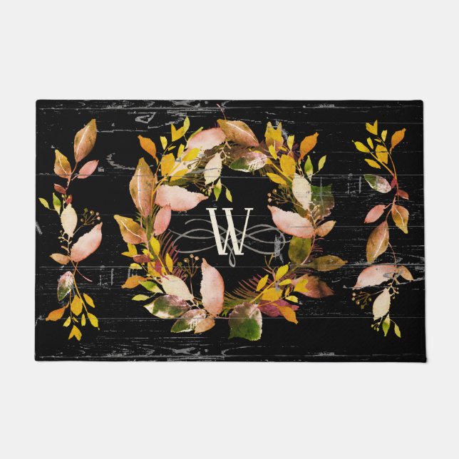 Felpudo Rustic Watercolor Autumn Wreath Family Black (Anverso)