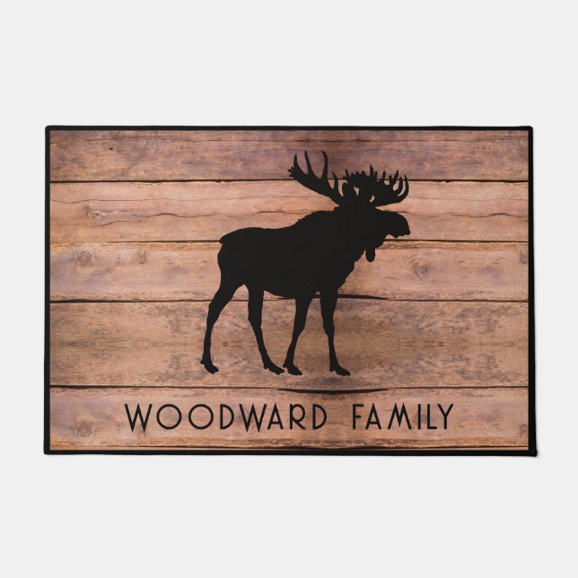Felpudo Rustic Wood Family Name Moose Silhouette (Anverso)