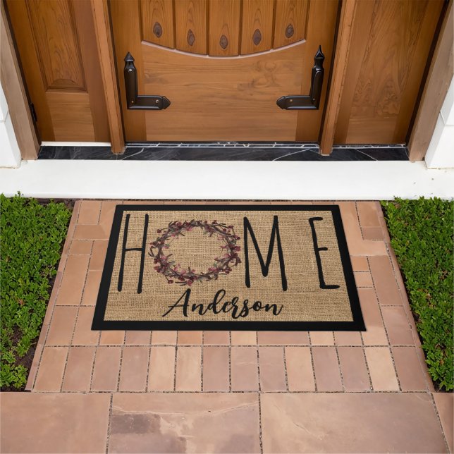 Felpudo Rustic Wreath Faux Burlap Home Family Name Doormat (Exterior)