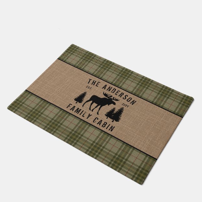 Felpudo Rústica familia Cabina Moose Pine Green Plaid Burl (Angular)