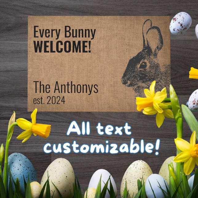 Felpudo Rústico moderno Conejo Conejo Conejo Negro Bienven (Bunny entryway mat greets guests with your custom text and name is perfect all year long!)