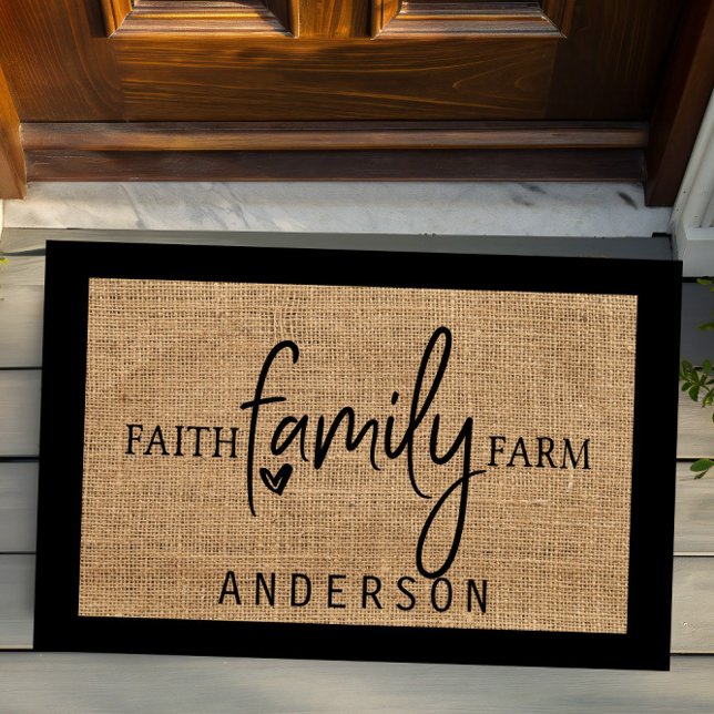 Felpudo Rústico País Faux Burlap Faith Familia Farm Doorm (Subido por el creador)
