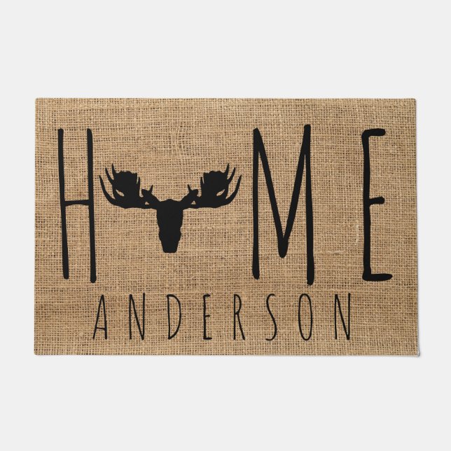 Felpudo Rústico País Faux Burlap Moose Nombre Familia (Anverso)