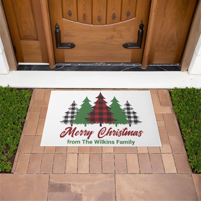 Felpudo Rústico Red Plaid Merry Christmas Treys Personaliz (Exterior)