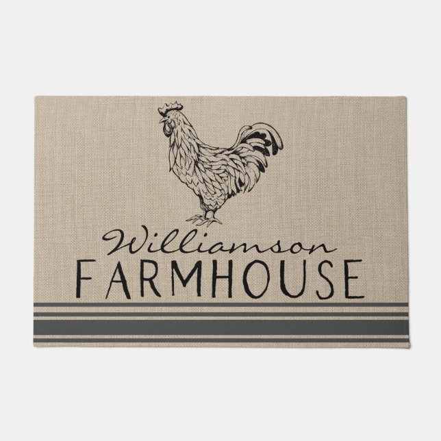 Felpudo Rústico Rooster Farmhouse Nombre familia Doormat (Anverso)