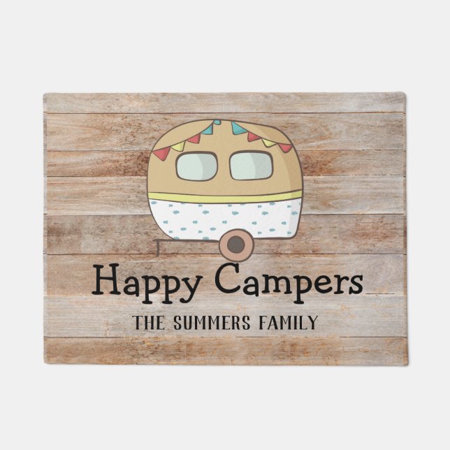 Felpudo RV Trailer Happy Campers Familia Personalizada (Anverso)