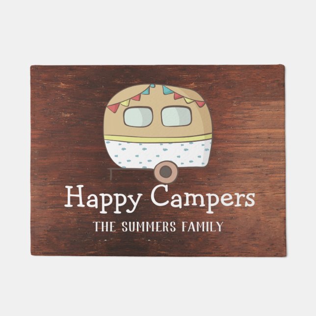 Felpudo RV Trailer Happy Campers Familia Personalizada (Anverso)