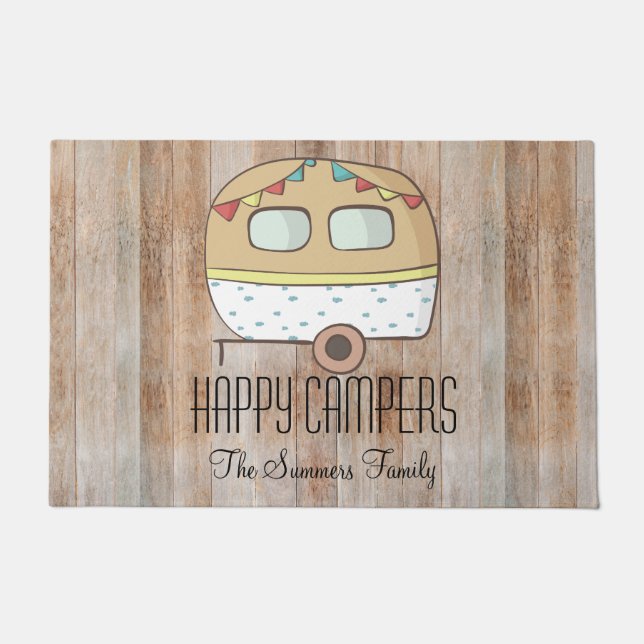 Felpudo RV Trailer Happy Campers Familia Personalizada (Anverso)