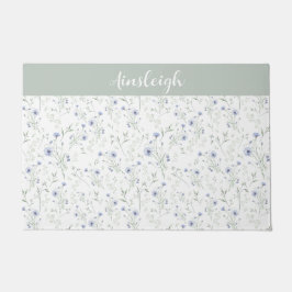 Felpudo Sage Blue Watercolor Wildflower Monogram Name