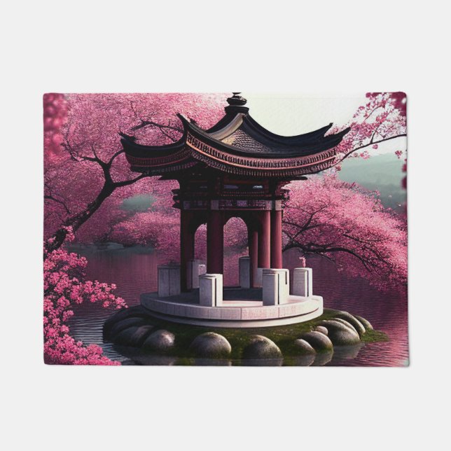 Felpudo Sakura Cherry Blossom Garden Shrine Pond Japonés (Anverso)