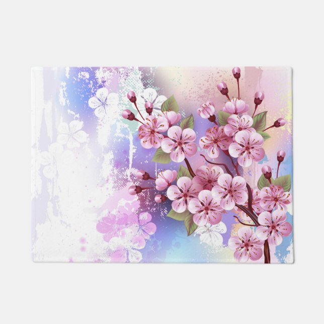 Felpudo Sakura rosa sobre fondo de pintura (Anverso)