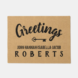 Felpudo Saludos Burlap Farmhouse Feedsack Personalizado