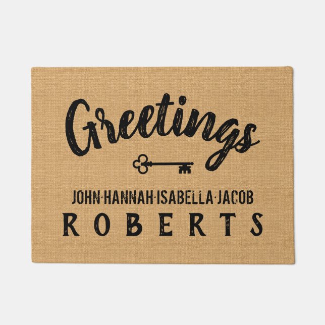 Felpudo Saludos Burlap Farmhouse Feedsack Personalizado (Anverso)