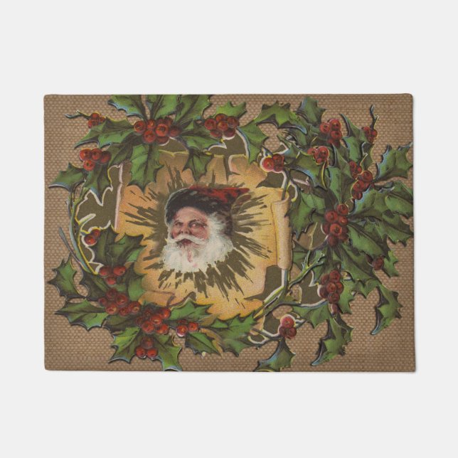 Felpudo Santa Antiguo Vintage Navidad Holly (Anverso)