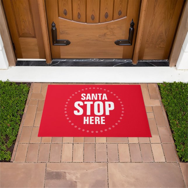 Felpudo Santa Stop Here rojo y blanco lindo (Exterior)