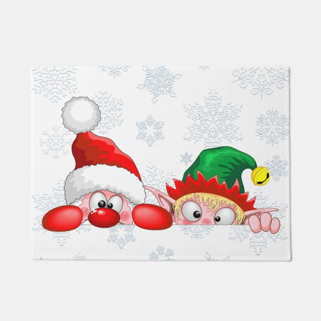 Felpudo Santa y Elf Cute y graciosos personajes Peeking (Anverso)