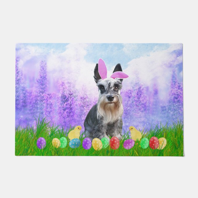 Felpudo Schnauzer en miniatura con huevos de Pascua y poll (Anverso)