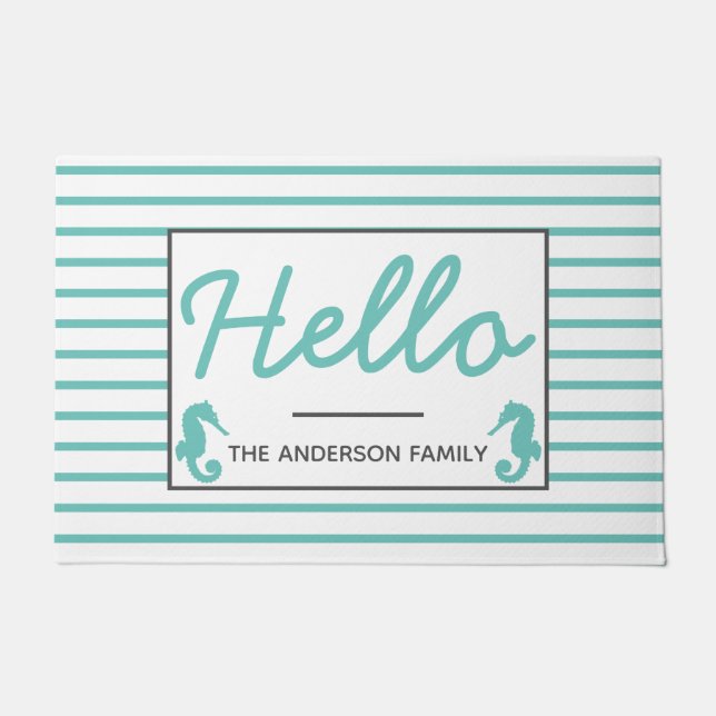 Felpudo Seahorses verde azulados costeros hola (Anverso)