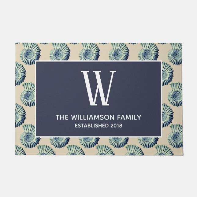 Felpudo Seashells azules costeros y apellido (Anverso)