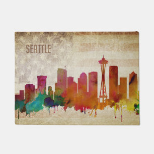 Felpudo Seattle, horizonte de la ciudad de la acuarela de