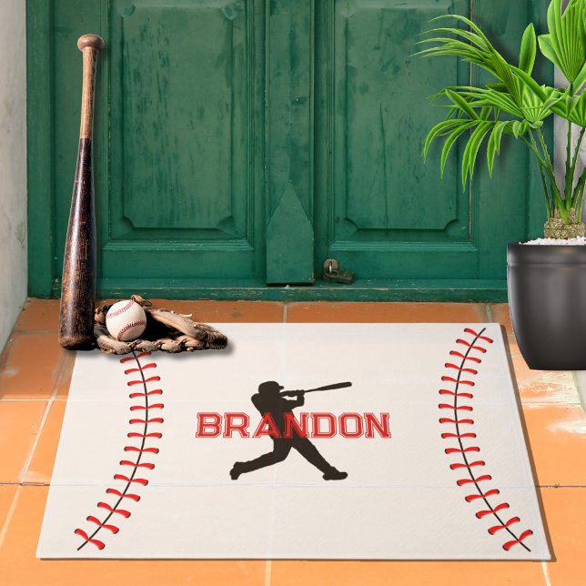 Felpudo Silueta De Jugador De Béisbol Con Nombre Tema Depo (Personalized Name Baseball Sports Theme Red White Front Door or Bedroom Doormat With Baseball Player)