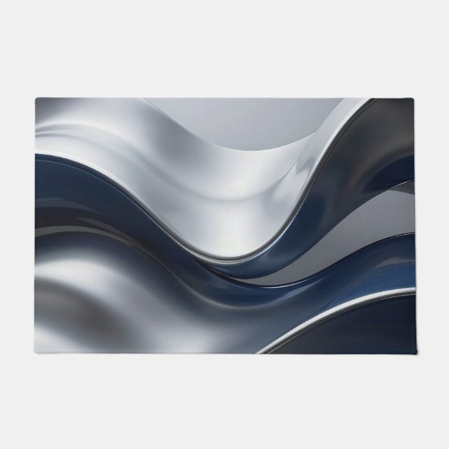 Felpudo Silver And Navy Fluid Waves Abstract Modern Design (Anverso)