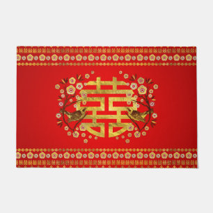 Felpudo Símbolo dorado de doble felicidad con flores y p