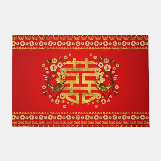 Felpudo Símbolo dorado de doble felicidad con flores y páj (Anverso)