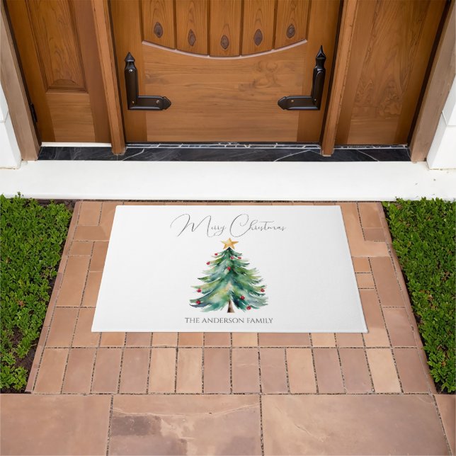 Felpudo Simple acuarela Merry Christmas Tree Bienvenida (Exterior)
