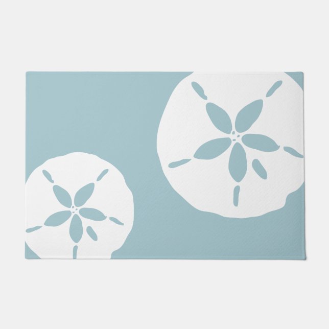 Felpudo Sky Blue Coastal Beach House Nautical Sand Dollars (Anverso)