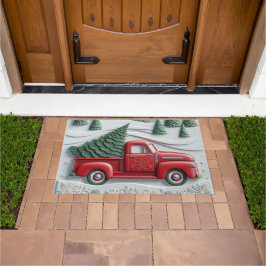 Felpudo Snow Scene with Red Truck Door Mat