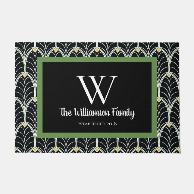 Felpudo Sofisticadas hojas de estilo Art Deco negro y verd (Anverso)