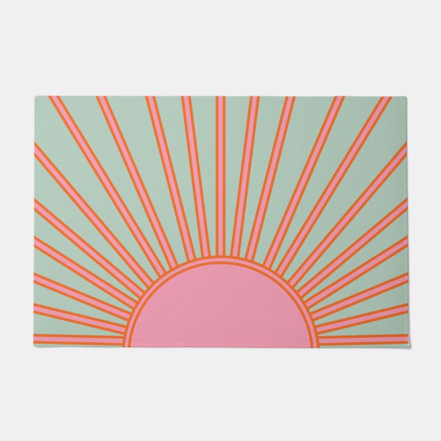 Felpudo Sol Sunrise Verde Y Rosa Resumen Retro Sunshine (Anverso)
