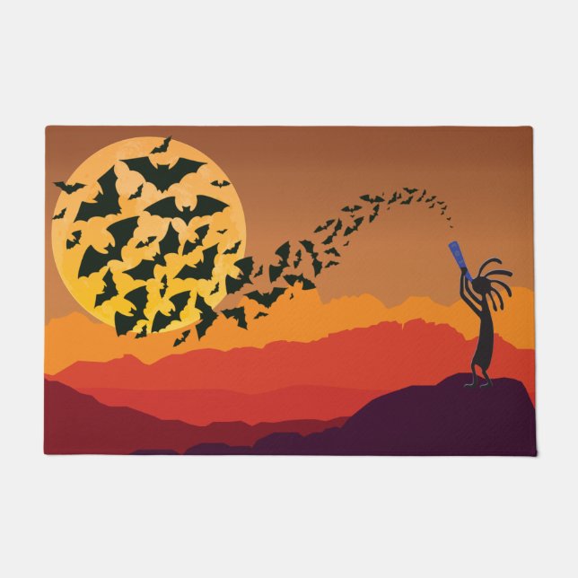 Felpudo Southwestern Bats Moon Kokopelli Halloween (Anverso)