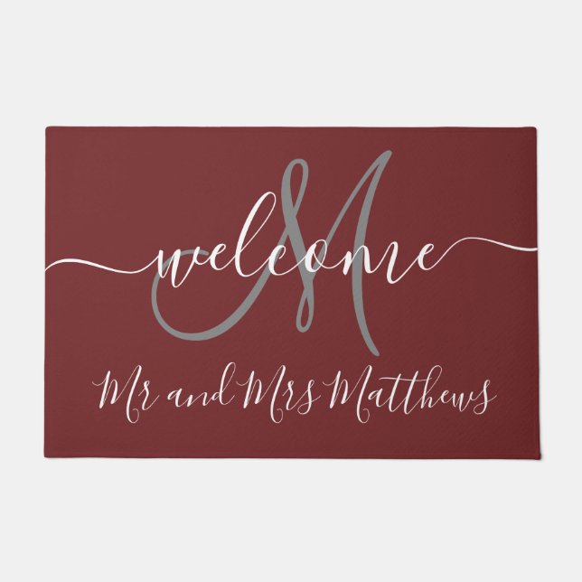 Felpudo Sr. y señora Monogram Script Wedding de Borgoña (Anverso)