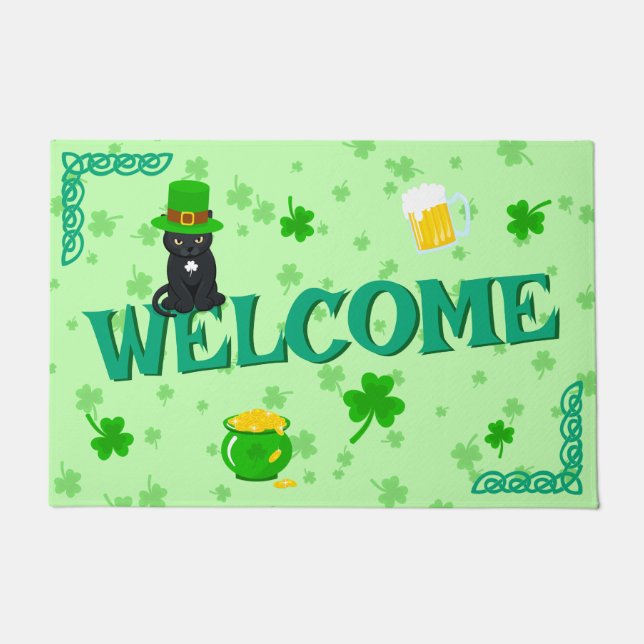 Felpudo St. Patrick's Day Shamrock Pot of Gold Black Cat (Anverso)