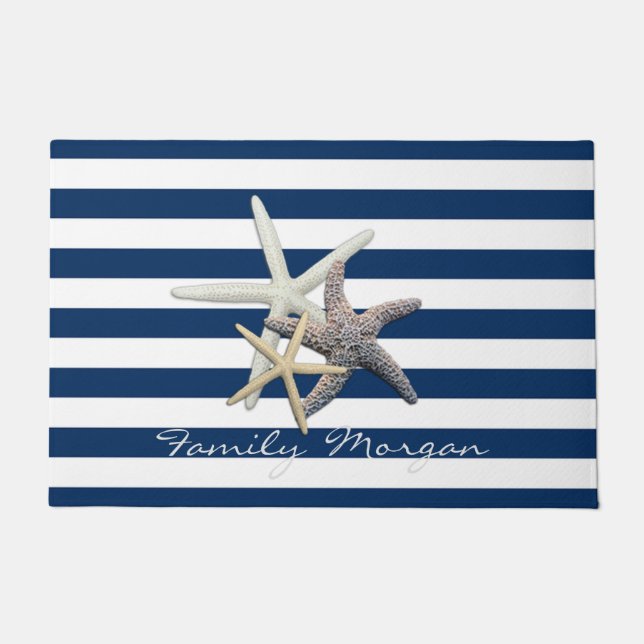 Felpudo Starfish Adorable, Navy Blue Stripes Personalizado (Anverso)